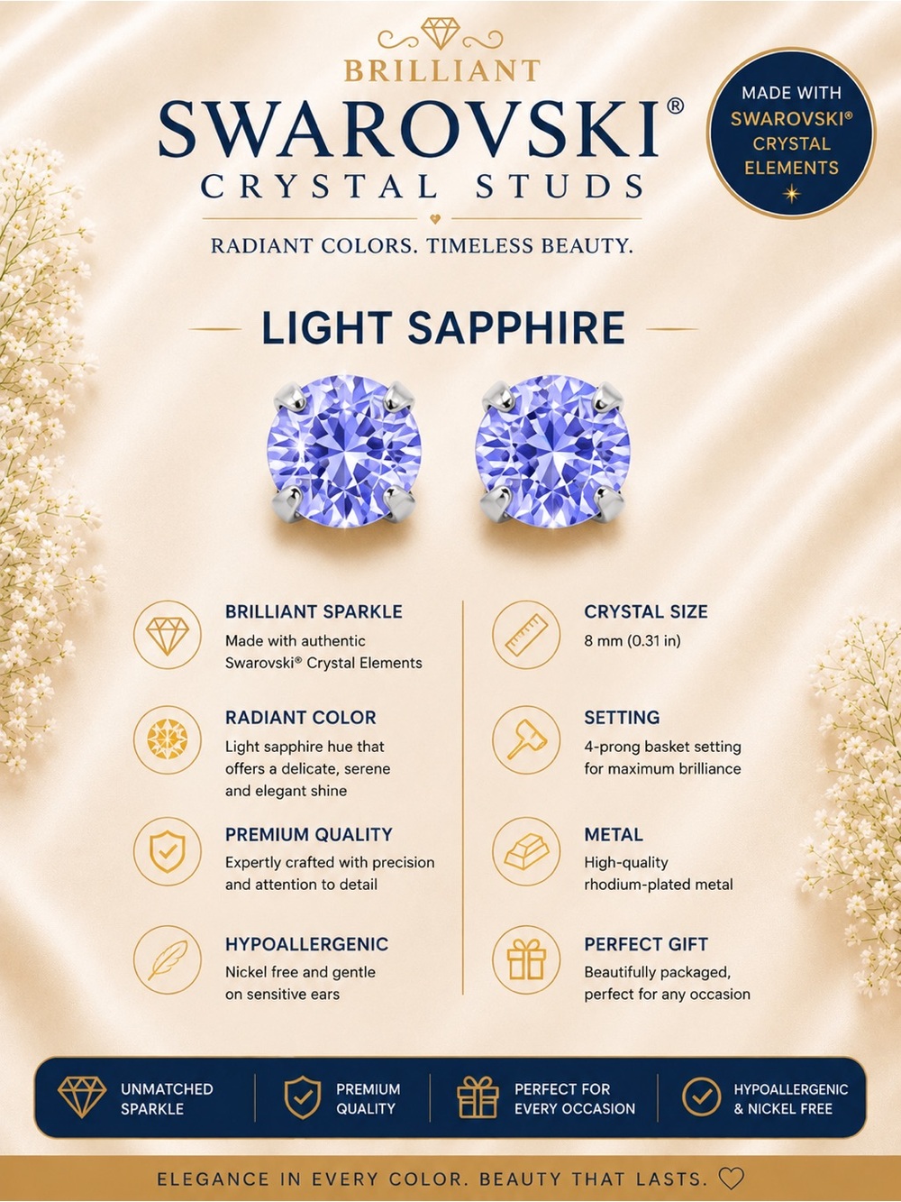 Brilliant Swarovski Light Sapphire Crystal Stud Earrings